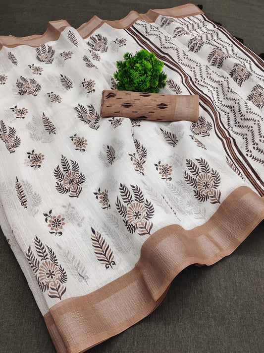 Soft cotton with heavy zari woven border with Digital Print