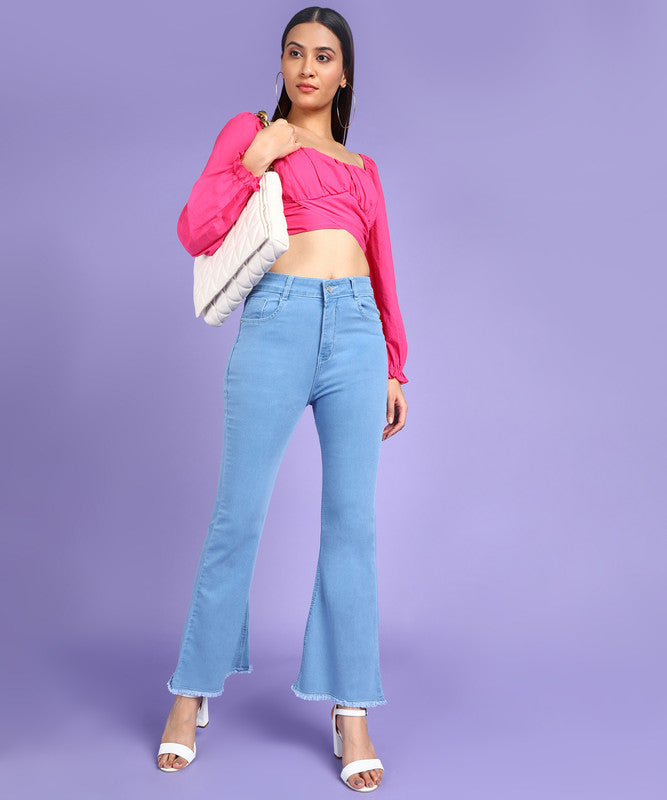 Light Blue Coloured Premium Denim Lycra with Bell Bottom Stretchable Full Length Women Casual/Party wear Bell Bottom Jeans!!