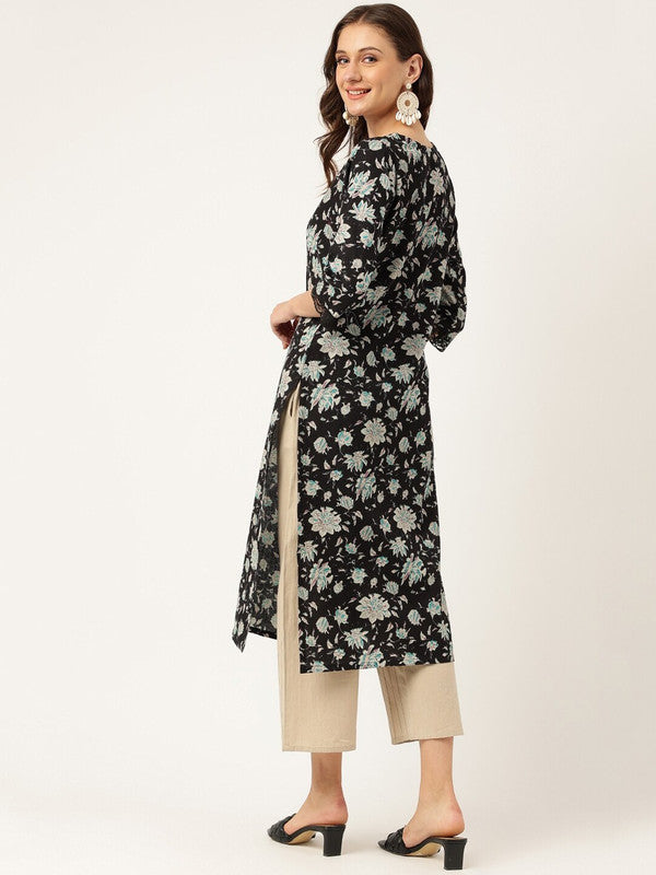 Black Coloured Floral Printed Mirror Work Boat neck 3/4 Sleeves A-line shape Women Designer Party wear Pure Cotton Kurti!!