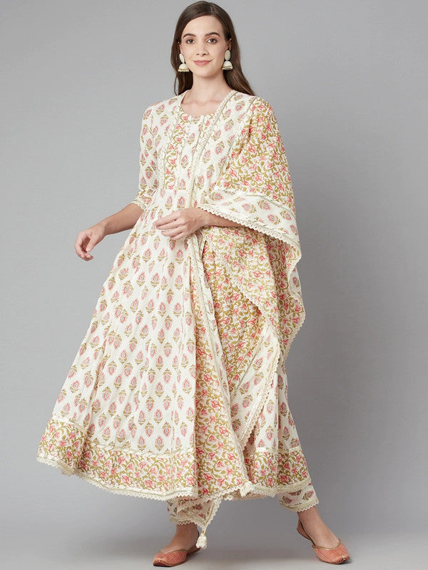 Cream-coloured Anarkali shape printed Kurta with Trousers and dupatta!!