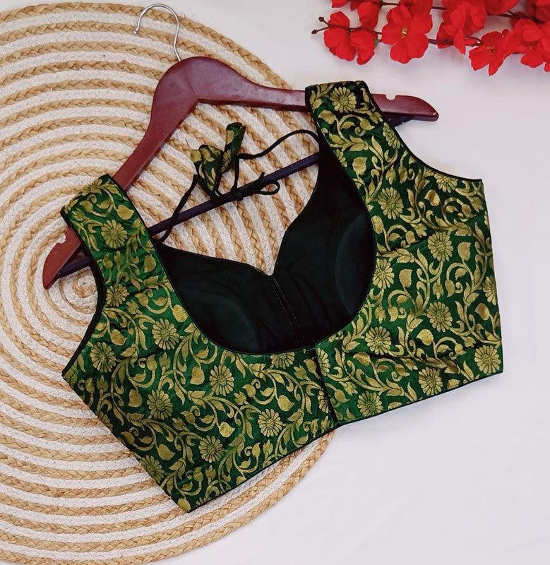 Green Coloured Banarasi Silk Woman Designer Beautiful Short Sleeves Ready made Blouse - 38 Size Fits Up to 40 Inch!!