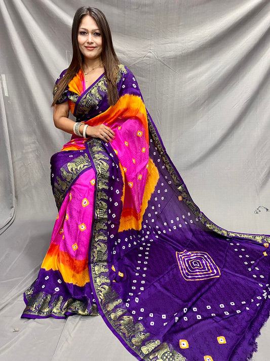 Blue & Multi Coloured with Zari Weaving & Bandhani Print Women Designer Party wear Art Silk Saree with Blouse!!