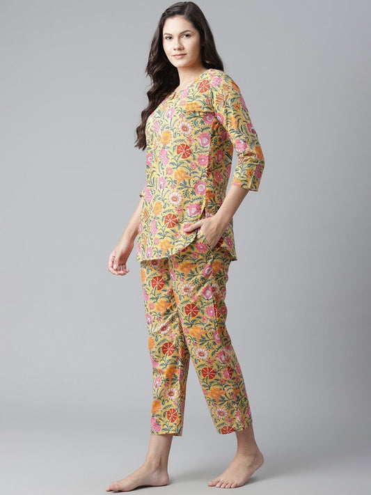 Yellow and Pink Floral Print Cotton Night Suit