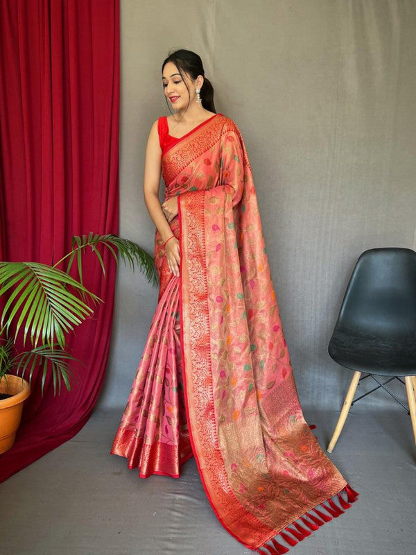 Pink & Multi Coloured Beautiful Meena Work with Elegant Jaal Women Party wear Pure Tissue Silk Saree with Blouse!!