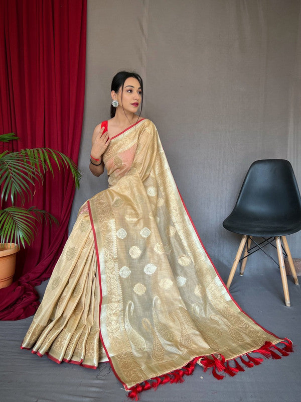 PURE COTTON LINEN SAREE WITH GOLD ZARI MOTTIFS WITH RICH PALLU!!