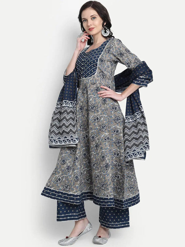 Grey & Blue Coloured Premium Rayon Cotton Digital Printed Women Designer Party wear Anarkali Kurti with Pant & Dupatta!!