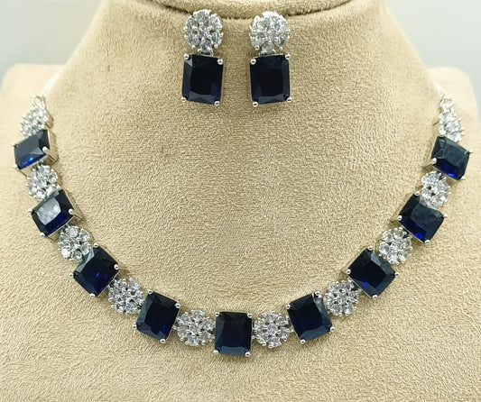 Navy Blue & White Coloured Premium American Diamonds Real Kundan Women Designer Necklace Set with Earrings!!