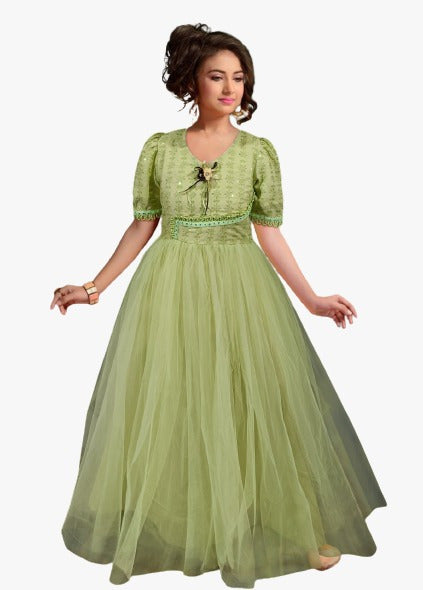 Green Coloured Rayon & Soft net Sequence & Thread work full flair Gown for Girls!!