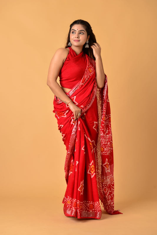 Red & Multi Coloured Linen Cotton with Beautiful Hand Block Printed Women Party/Daily wear Designer Linen Cotton Saree with Blouse!!