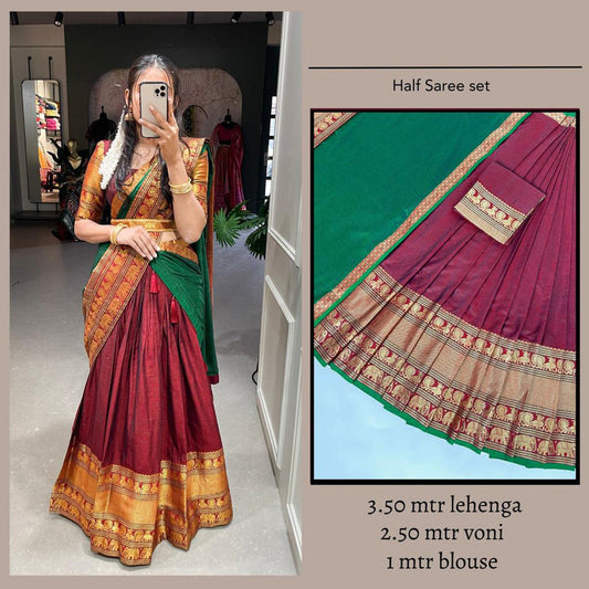 Maroon & Multi Coloured Premium Cotton Silk with Zari Weaving Work Woman Designer Party wear Half Saree Set!!