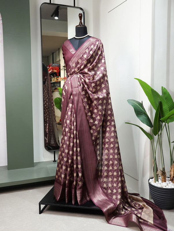 Wine & Off White Coloured Dola Silk Printed with Weaving Zari Border Women Festival/Party wear Designer Dola Silk Saree with Blouse!!