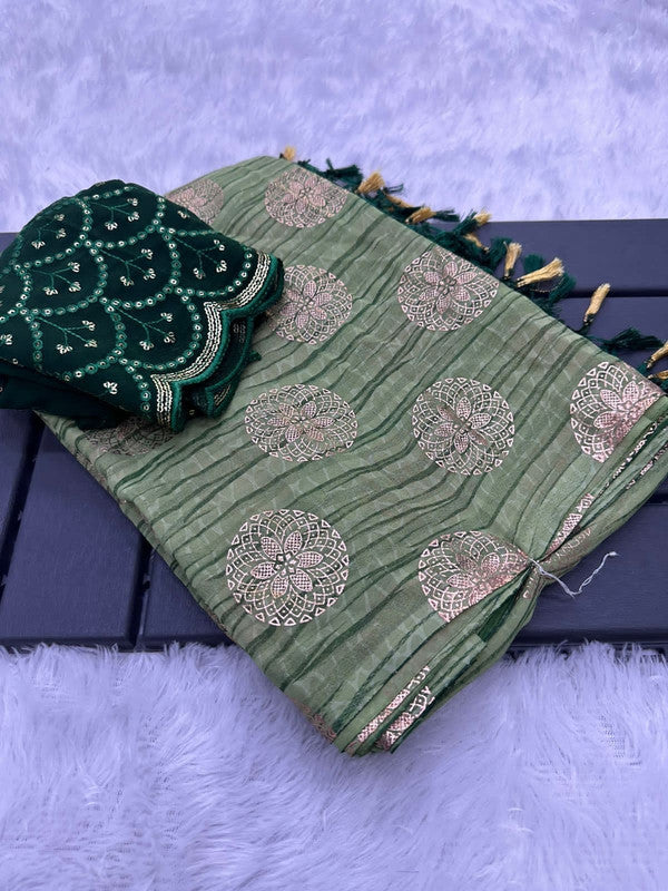 Pista Green Coloured Premium Georgette with Jacquard Foil Work Women Party wear Designer Georgette Saree with Blouse!!