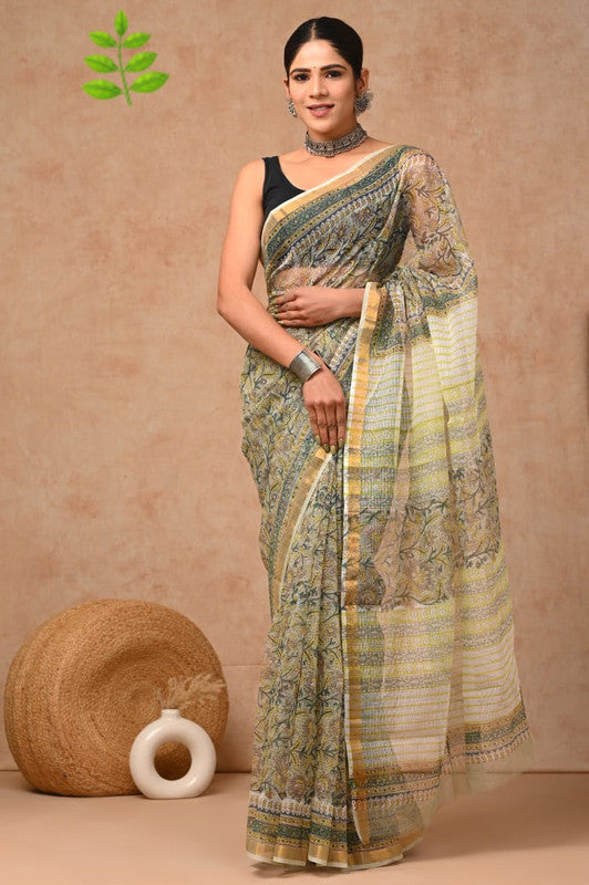 Light Green & Multi Coloured Kota Doriya Cotton Beautiful Hand Block printed Women Daily/Party wear Saree with Blouse!!