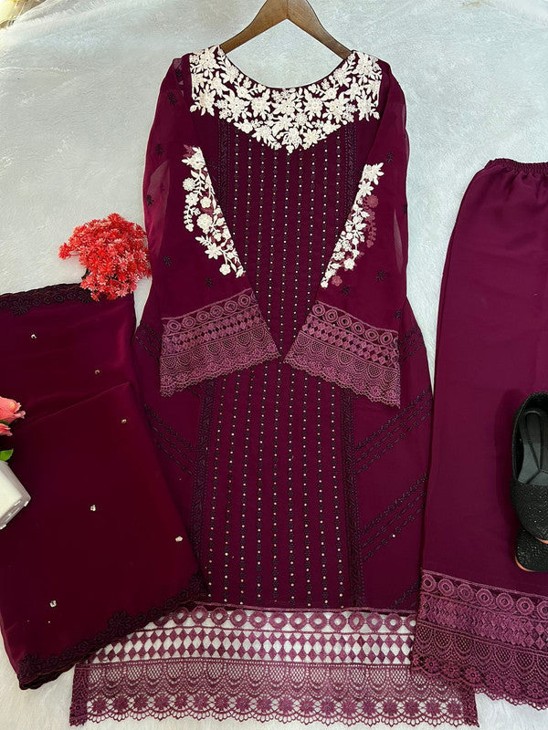 Wine Coloured Georgette with Sequence Embroidery Work Women Designer Party wear Fully Stitched Suit with Pant & Dupatta!!