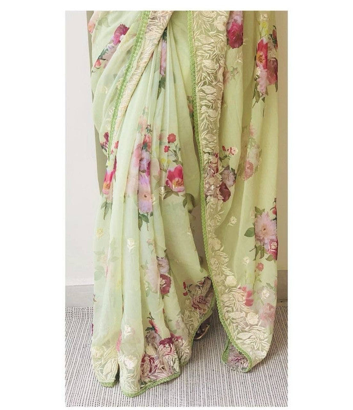 Pista Green & Multi Coloured with Digital printed embroidery & Chikankari Work Women Designer Party wear Georgette Silk Fancy Saree with Blouse!!