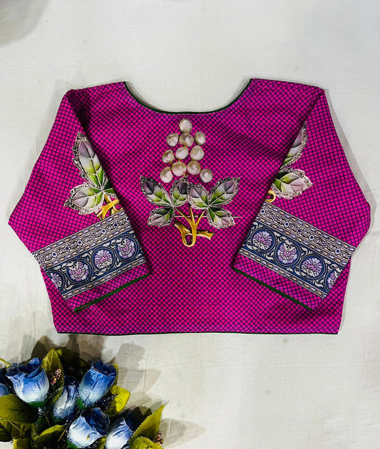 Dark Pink Coloured Pure Cotton with Traditional Print Woman Ready made Designer Botique Style Blouse- Free Size Up to 42 Inch!!