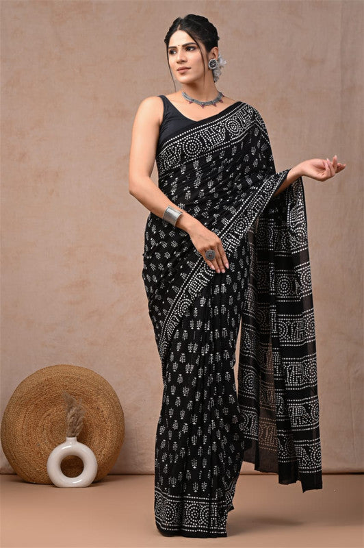 Black & White Coloured Hand Block Bagru, Dabu & Batik Dye Print Women Designer Party wear Pure Cotton Saree with Runnin Blouse!!