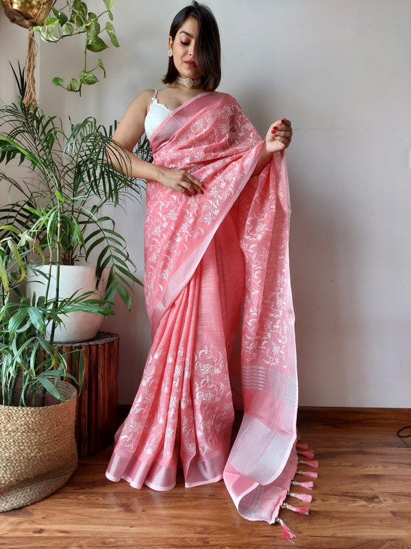 Pink Coloured Luknawi Chiken Work Handloom Linen Cotton with Fancy Tassels Women Designer Party wear Saree with Blouse!!