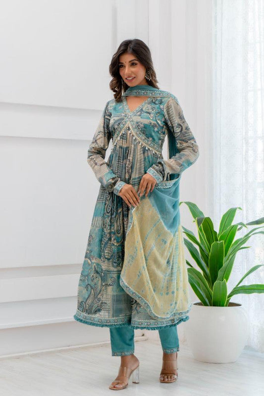 Aqua Blue & Multi Coloured Premium Chinon Embroidery with Mirror Work Women Designer Party wear Floral Alia Cut Suit with Pant & Dupatta!!