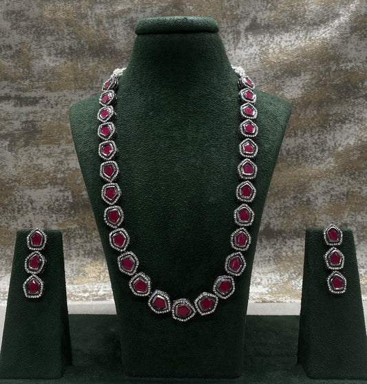 White & Maroon Coloured Real Kundan Women Designer Block Mala Long set with earrings!!