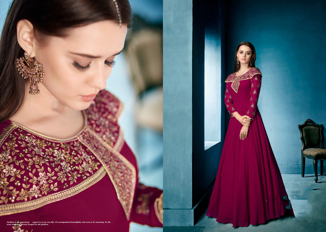 Maroon Coloured Lichi Gorgert with Beautiful Embroidery work Women Designer Party wear Gown Kurti with Bottom & Dupatta!!