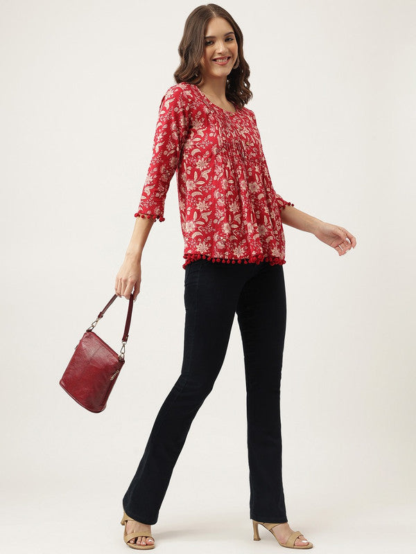 Maroon & Beige Coloured Pure Cotton Flower Print Round Neck Women Party/Daily wear Western A-Line Top!!
