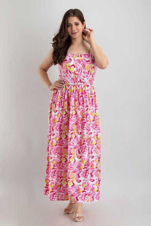 Pink Coloured Pure Organic Heavy Rayon Printed Sleeveless Maxi Gown!!