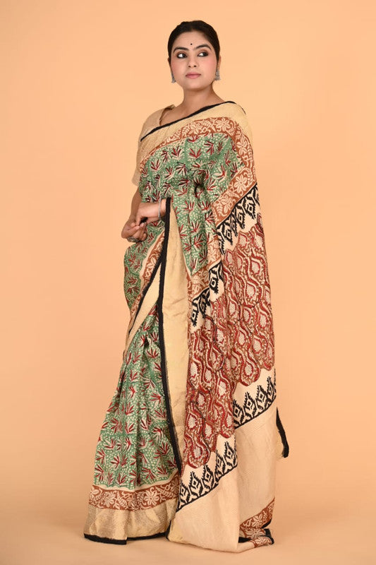 Beige & Multi Coloured Hand Block Printed Silk border Chit Pallu Women Designer Party wear Cotton Silk Saree with Zari Blouse!!