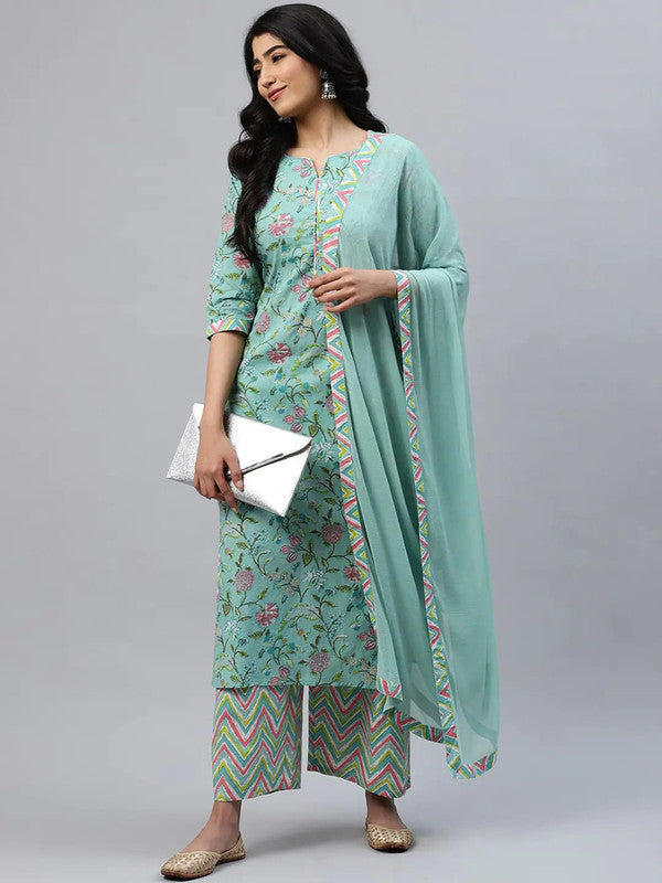 Green Coloured Pure Cotton with floral printed Women Designer Party wear Straight Line Kurti with palazzo pants & Dupatta!!