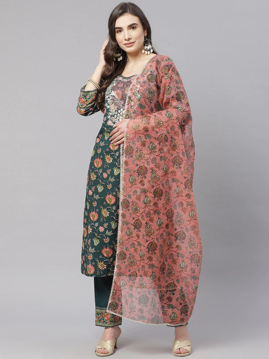 Floral printed, Straight shape Designer Cotton kurta with Bottom and Dupatta