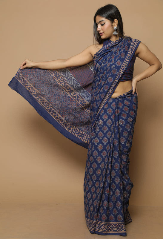 Dark Blue Beautiful Hand Block Printed Cotton Saree with Blouse!!