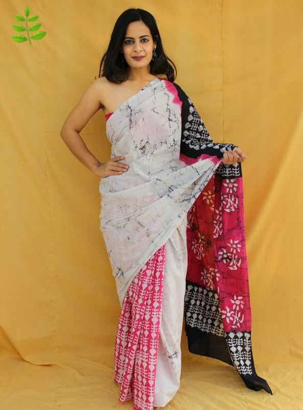 White & Multi Coloured Pure Cotton Beautiful Hand Block printed Women Daily/Party wear Saree with Blouse!!