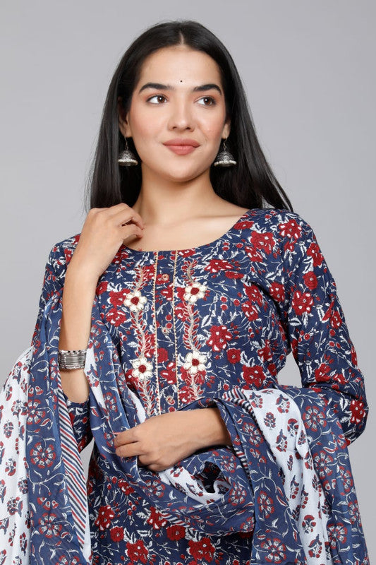 Beautiful Embroidery Work Cotton Kurti with Pant and Dupatta !!