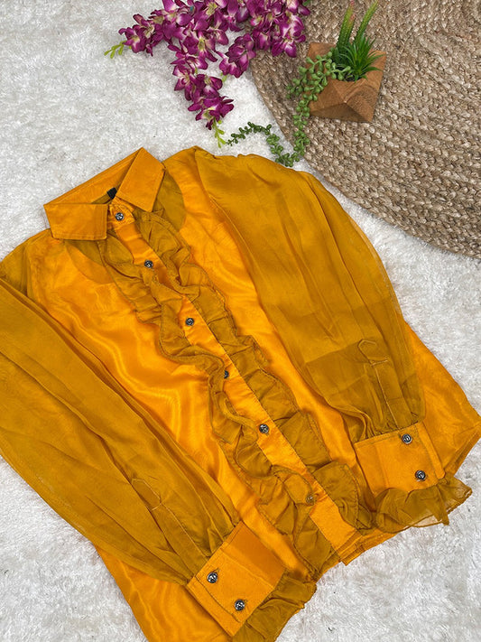 Mustard Yellow Coloured Premium Organza Silk with Plain Print & Full Sleeves Women Party/Daily wear Western Organza Shirt!!