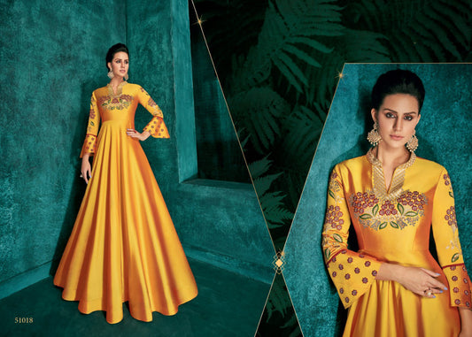 Yellow Coloured Triva Silk with Heavy Embroidery work Party wear Gown!!