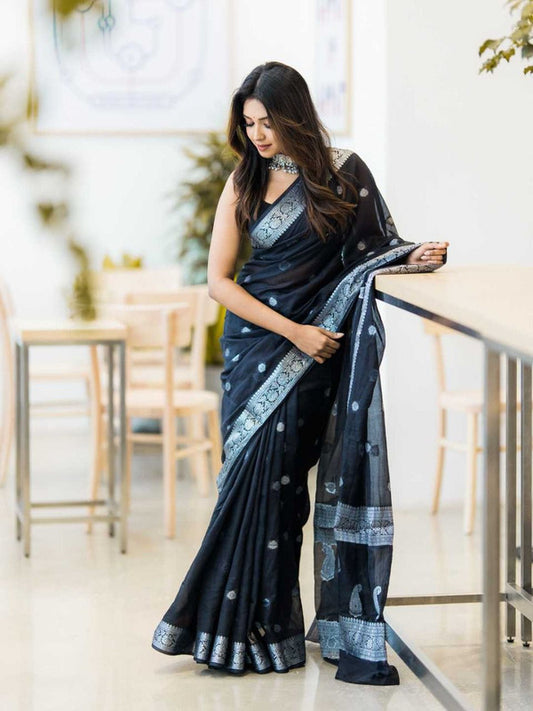 Beautiful  Linen Soft Cotton Black Saree!!