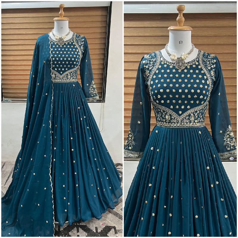 Dark Rama Blue Coloured Fox Georgette with Heavy Embroidery Sequence Work Women Fully Stitched Designer Party wear Gown with Dupatta!!