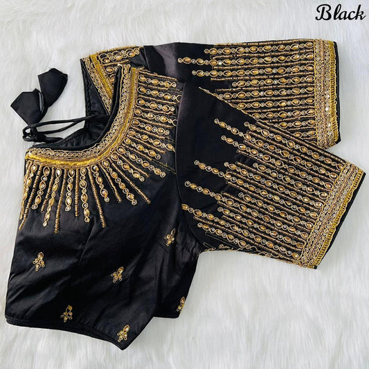 Black Coloured fentam Silk Coding Jari & Khatli Hand work Woman Ready made Botique Style Designe Blouse- Free Size Up to 40 Inch!!