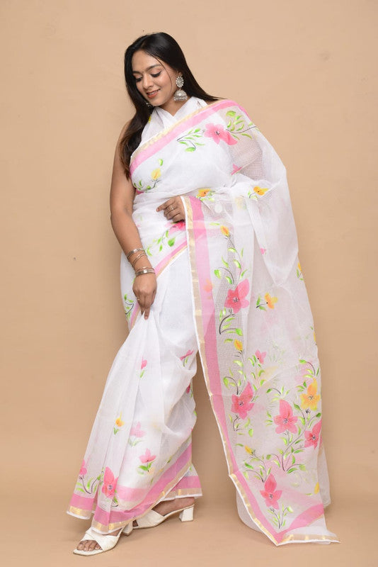 White with Pink & Multi Coloured Kota Doria Cotton Hand block Print with Jari Border Women Designer Party wear Kota Doria Cotton Saree with Blouse!!