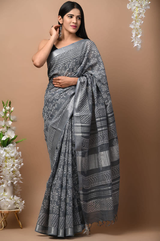 Grey & Multi Coloured Linen Cotton Beautiful Hand Block printed Women Daily/Party wear Saree with Blouse!!