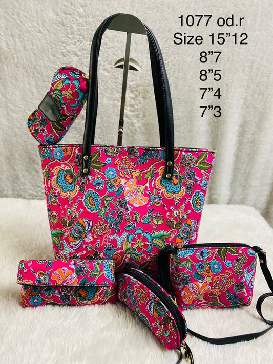Pink & Multi Coloured Pure Cotton Printed Women Hand Bang- 5 PCS Combo( Tote Bag, Sling Bag, Envelop Purse, Key Pouch & Sunglass Cover)!!
