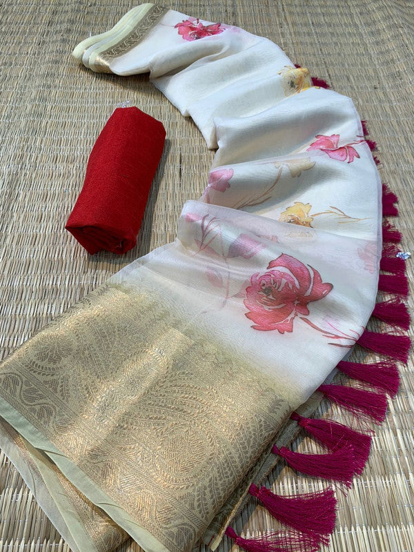 White & Multi Coloured Pure Organza Silk with Pichwai print with Sequence Chitt Pallu with 5 inch Gold Weaved Border Women Party wear Silk Saree with Blouse!!