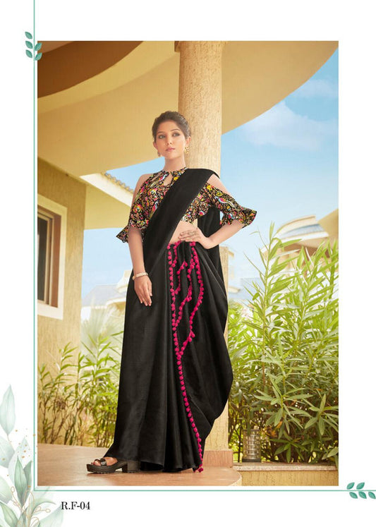 Black Coloured Jute Linen Cotton Saree with Pompom Border!!