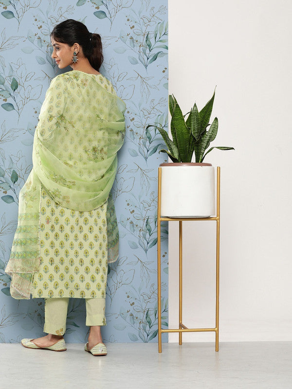 Pista Green Cotton Floral Printed Gotta Patti Straight shape Kurti with Trousers & Dupatta!!