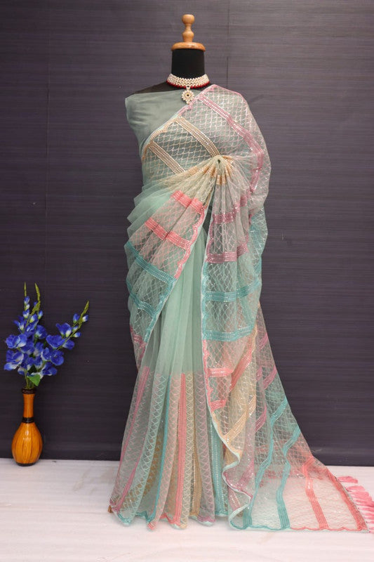 Pista Green & Multi Coloured Heavy Butterfly Net with Multy Colour Thread And Sequence Embroidery Work Women Designer Party wear Fancy Net Saree with Blouse!!