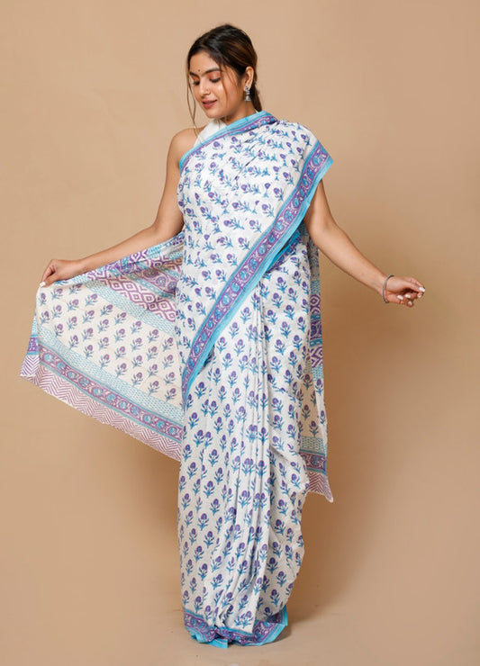 HAND BLOCK  PRINTED COTTON SAREE WITH BLOUSE!!