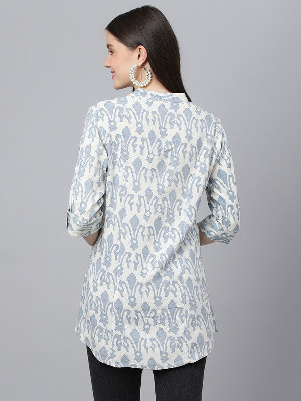 White & Light Blue Coloured Premium Viscose Rayon Floral Printed Mandarin Collar Roll-Up Sleeves Women Party/Daily wear Western Shirt Style Top!!