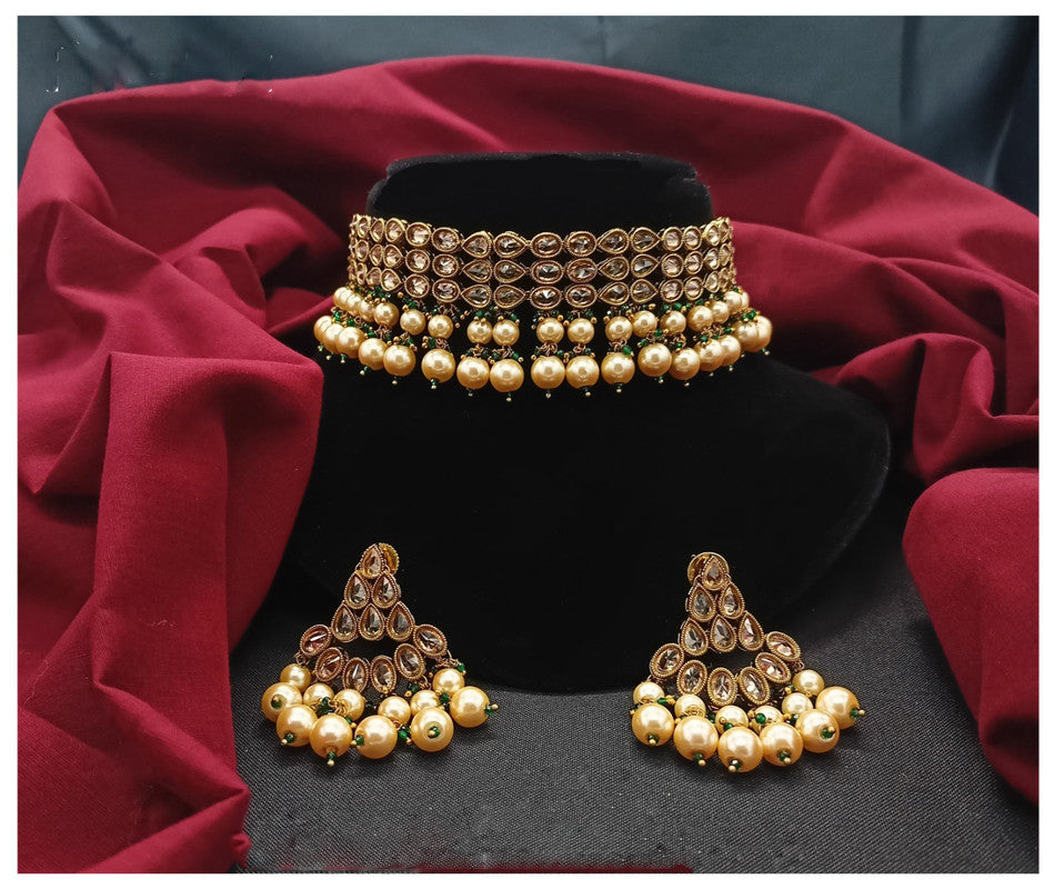 Gold & Green Coloured Reverse American Diamond ( AD ) Mehendi Gold Plating with Pearls Necklace jewellery set with Earrings!!