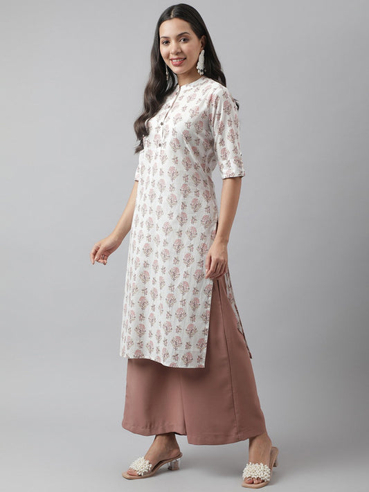 White & Pink Coloured Floral Printed Mandarin collar Roll-up Sleeves Women Designer Party/Daily wear Cotton Straight Shape Kurti!!