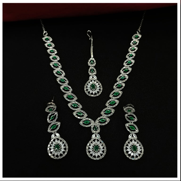 Green Coloured Beautiful American Diamonds Women Designer Silver Plating Beautiful Long Jewelry Necklace set with Earrings & Matha Patti!!